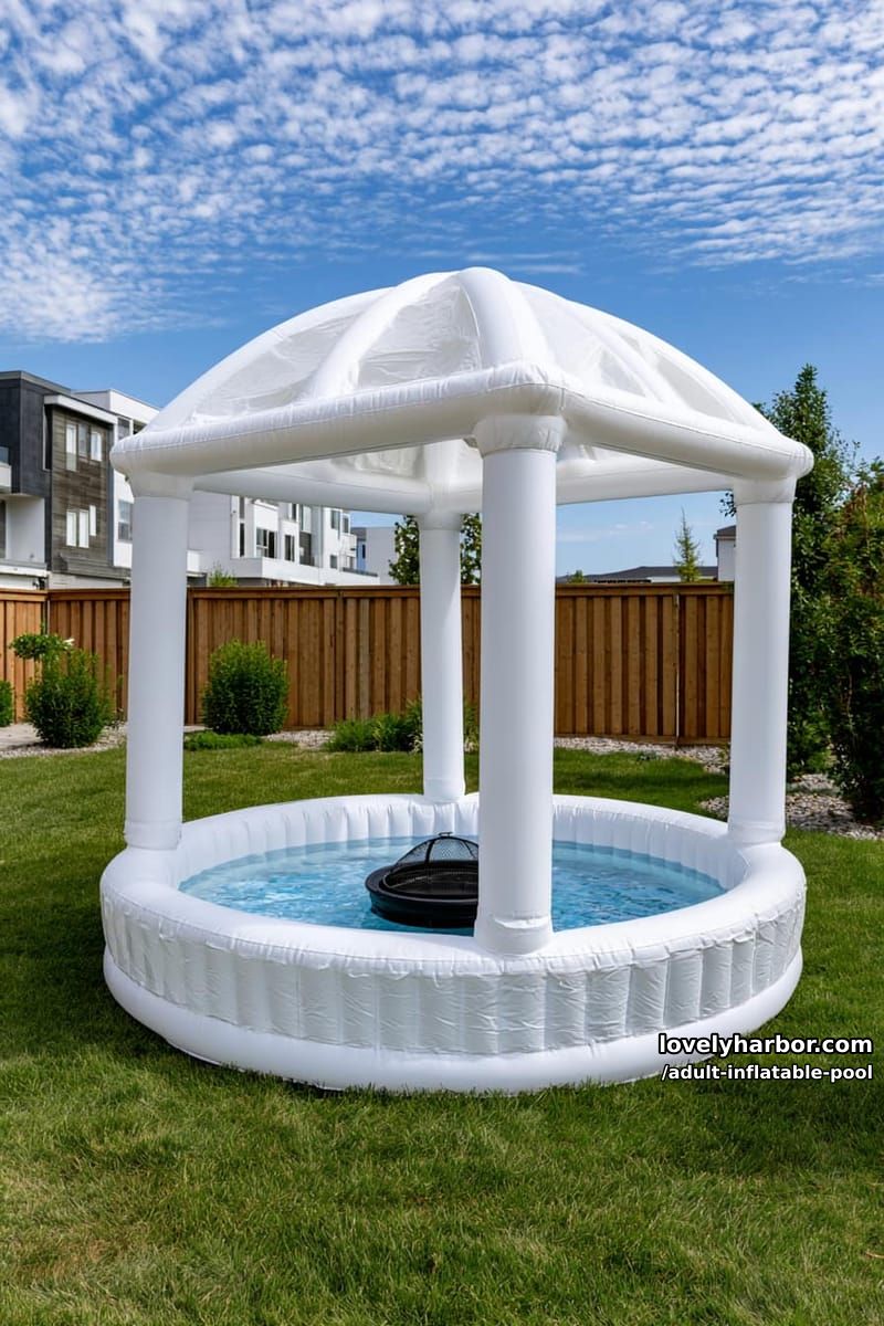 white inflatable gazebo pool with fire pit and curved seating. 1