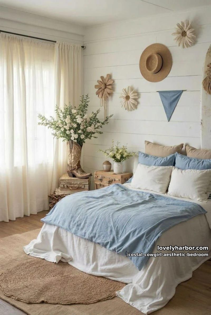 white leather cowboy boots as vases, straw hat, and blue pennant wall display 1