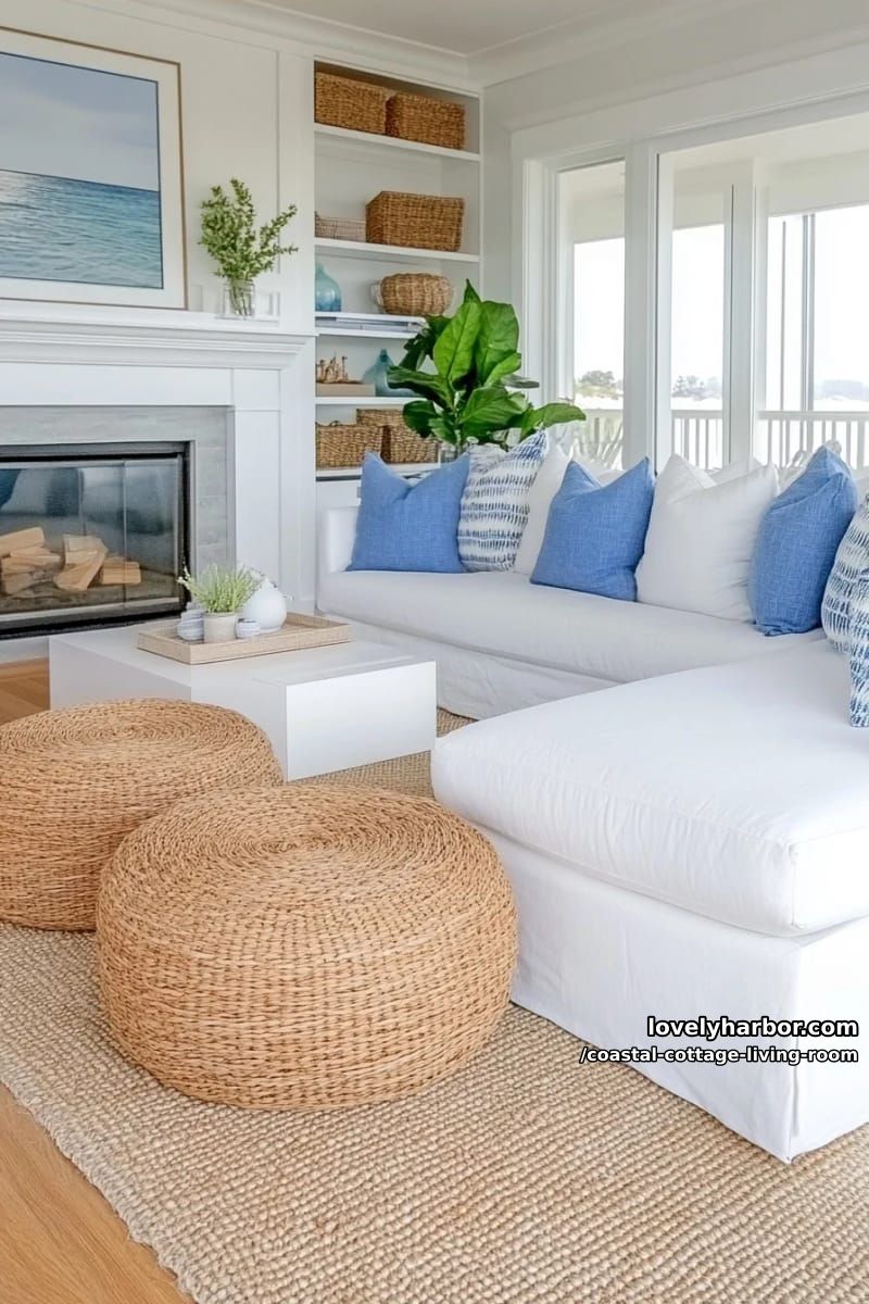 white sectional, blue pillows, rattan poufs, fireplace, and potted greenery. 1