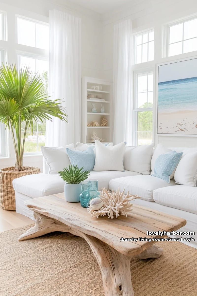 white sectional sofa in bright, airy coastal space with beach artwork 1