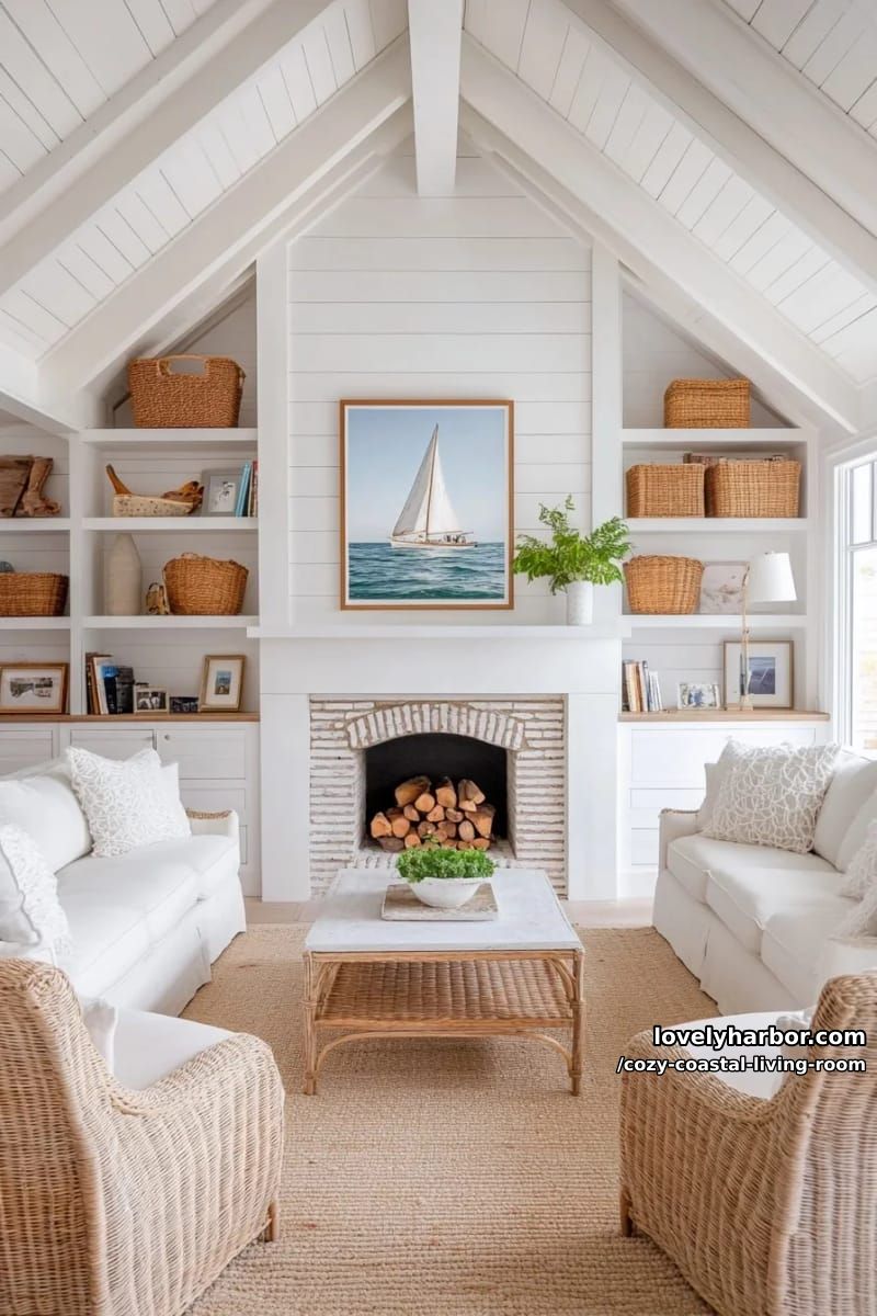 white shiplap living room with fireplace, built-ins, and wicker accents 1
