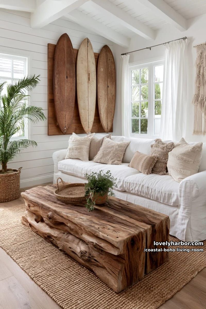 white slipcovered sofa, rustic coffee table, surfboard wall decor, beachy accents. 1