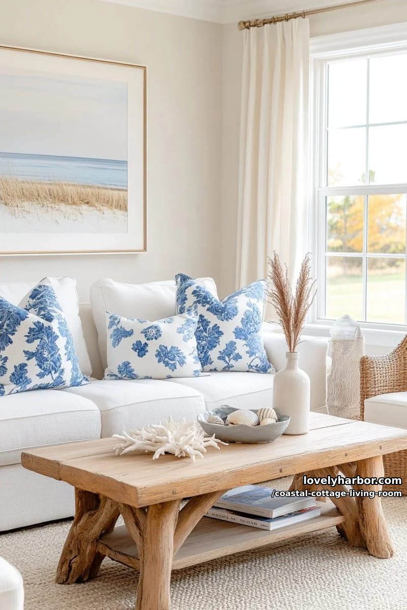 white sofa, blue floral pillows, rustic coffee table, and elegant neutral tones. 1
