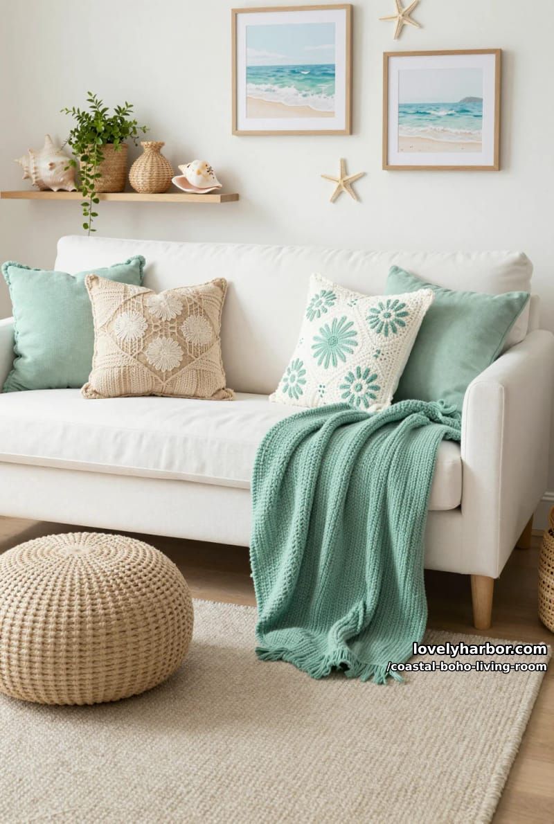 white sofa, seafoam pillows, chunky rug, and beach-themed wall art. 1