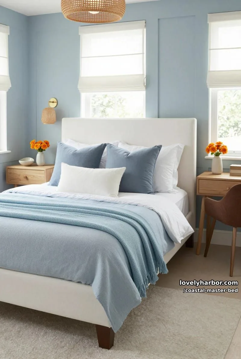 white upholstered bed with blue quilt, gold sconces, and pale blue paneled wall. 1