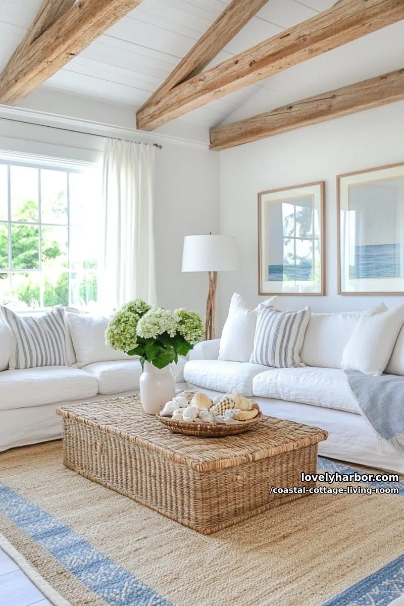 white walls, ceiling beams, slipcovered sofa, and layered rugs. 1