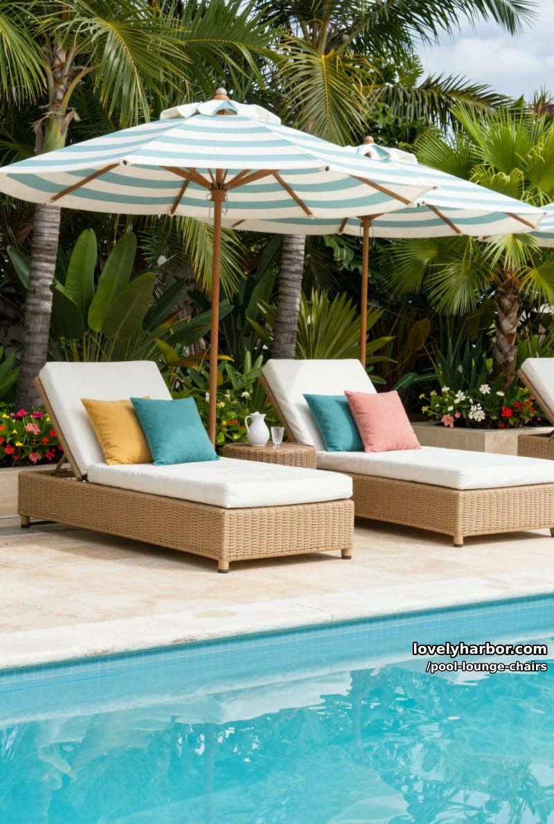 wicker lounge chairs with colorful pillows and striped umbrellas, tropical setting. 1