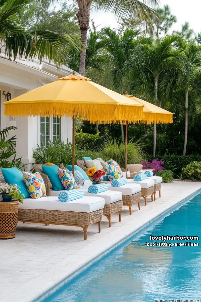 wicker loungers with colorful pillows and umbrellas by tropical poolside. 1