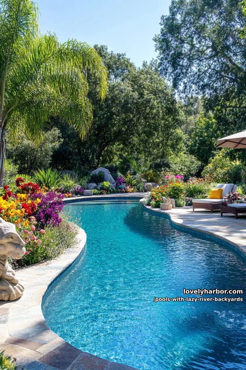 19 Pools with Lazy Rivers for Stunning Backyards 15 winding pool through garden with flowers, whimsical sculptures, and patio. 1