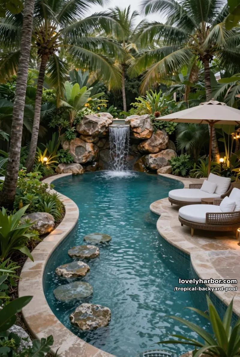 20 Tropical Backyard Pools That Feel Like a Resort 15 winding pool with rock waterfall, soft lighting, and secluded lounge area 1