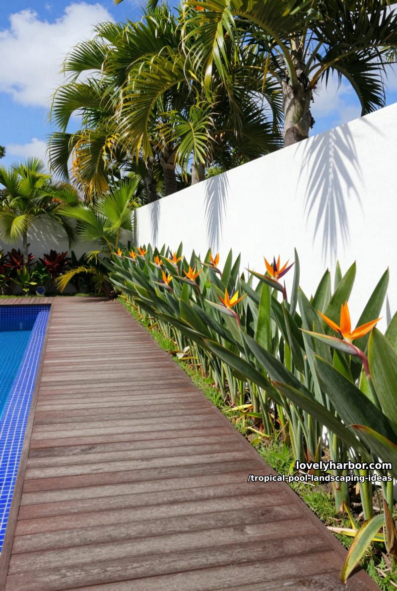 wooden deck pathway by pool, palm trees, bird of paradise flowers, white wall. 1