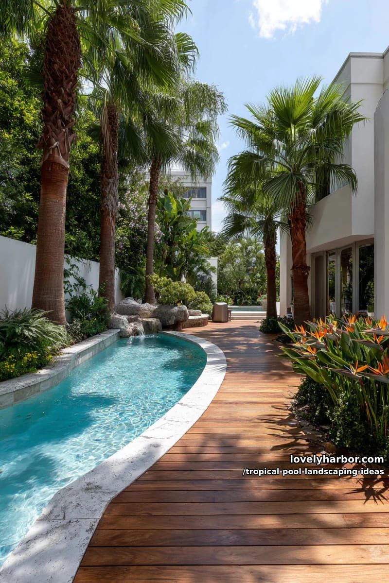 wooden deck pathway by pool, palm trees, bird of paradise flowers, white wall. 1