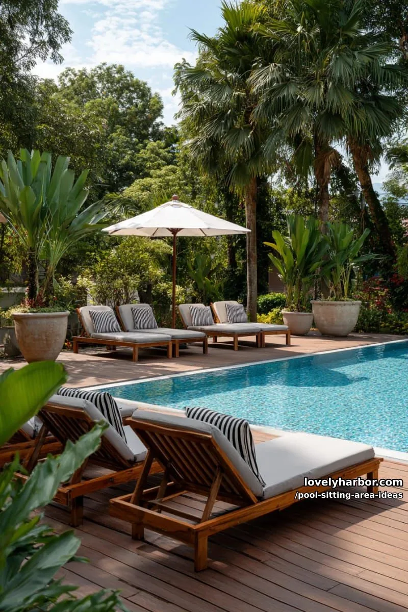 wooden deck pool area with lounge chairs, umbrella, and lush plants. 1