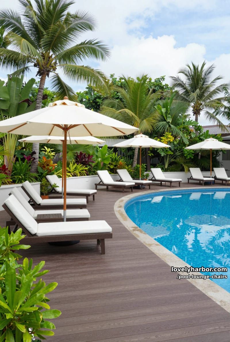 wooden deck with white lounge chairs and large umbrellas, tropical resort vibe. 1