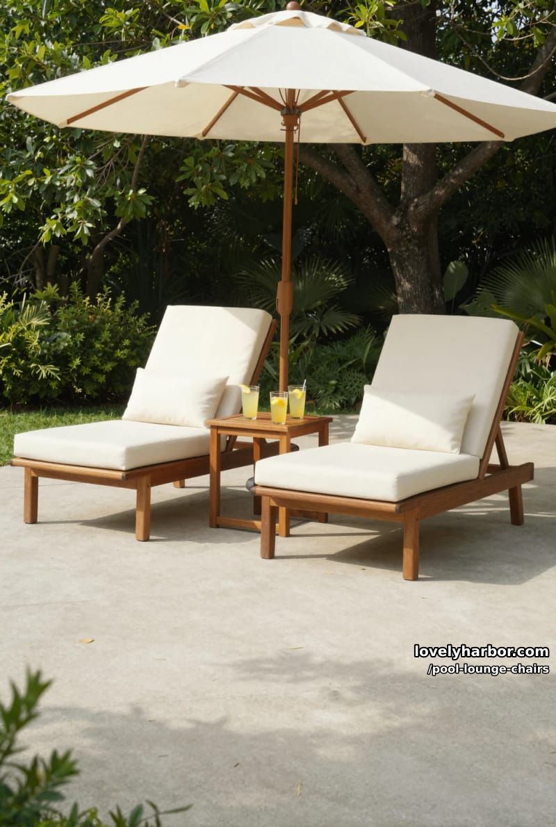 wooden lounge chairs with cream cushions and beige umbrella, lush background. 1