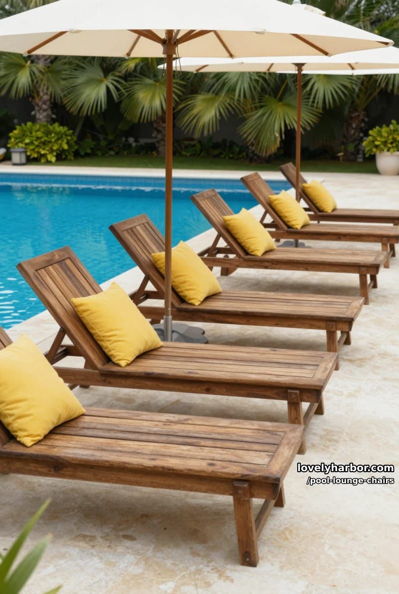 wooden lounge chairs with yellow pillows and beige umbrella, serene poolside. 1