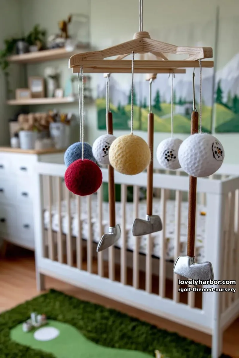wooden mobile with felt golf balls, tees, and tiny clubs 1