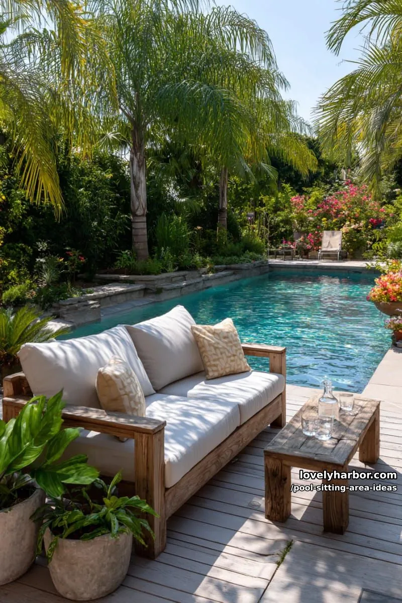 wooden outdoor sofa beside pool in tropical garden with lush greenery. 1
