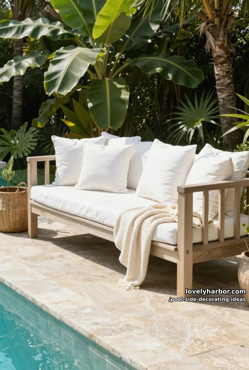 wooden outdoor sofa with white cushions beside pool, tropical foliage backdrop. 1