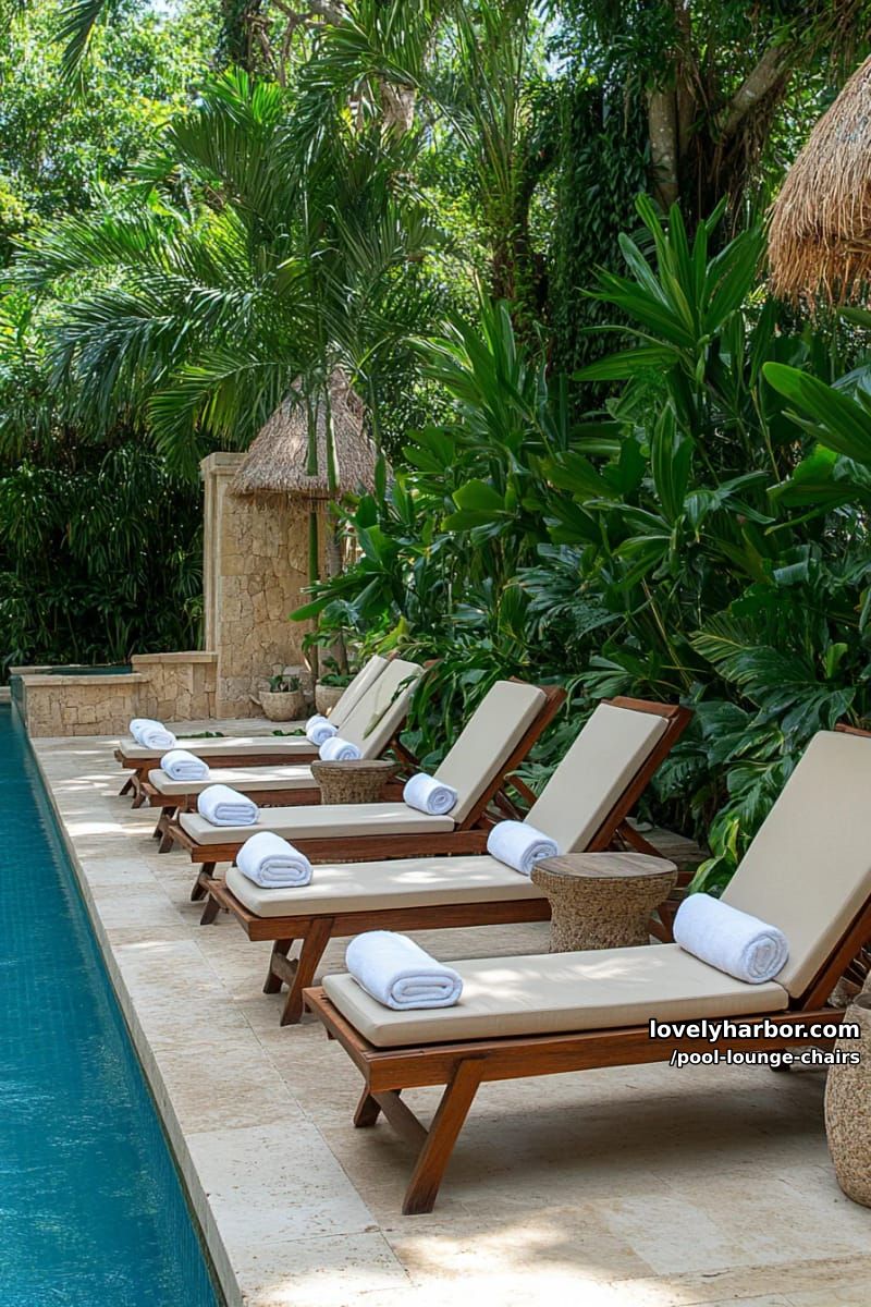 wooden poolside loungers with cream cushions and neutral decor, lush backdrop. 1