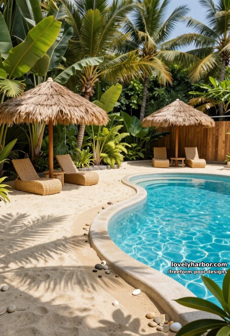 zero-entry pool with beach slope, tropical plants, tiki umbrella, and privacy fence. 1