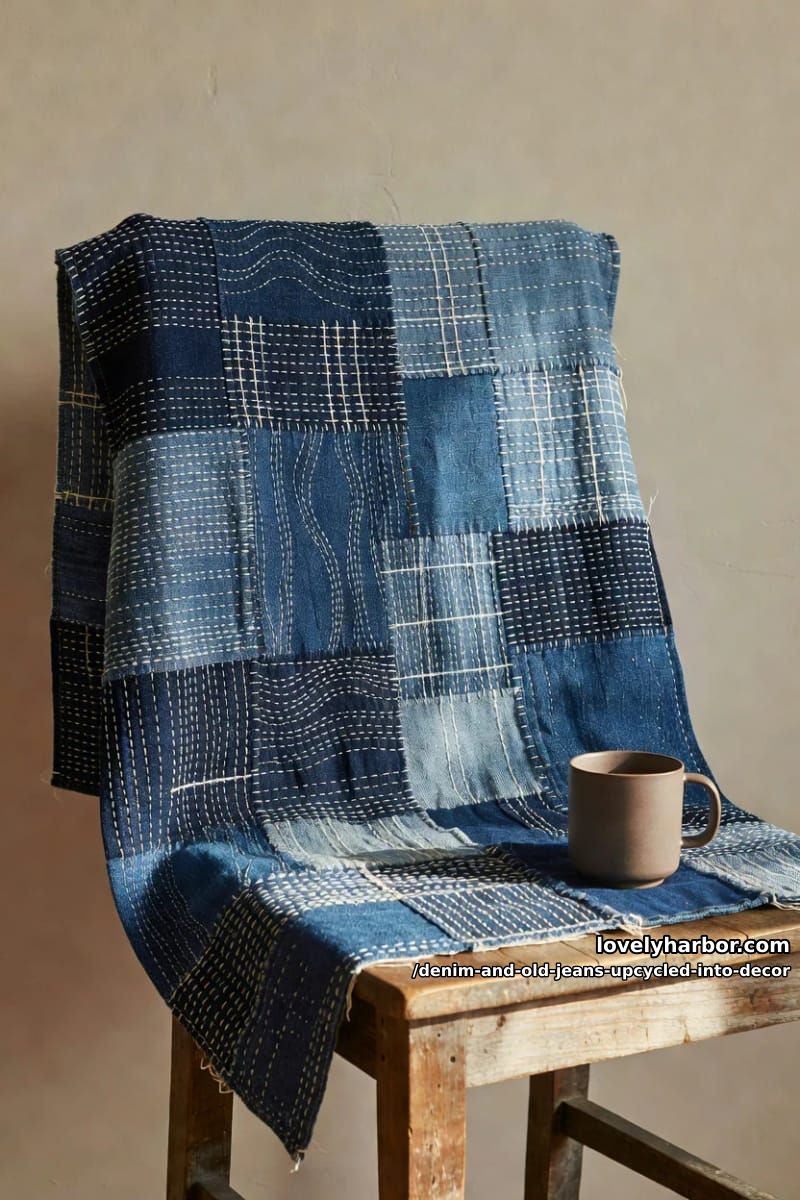 a boro throw mended in white sashiko running stitch 1