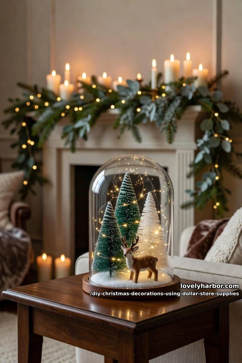 12 DIY Christmas Decorations Using Dollar Store Supplies That Don't Read Cheap 11 a bottle brush tree village under a glass cloche 1