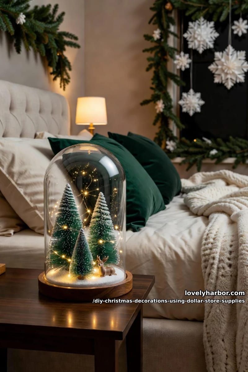 12 DIY Christmas Decorations Using Dollar Store Supplies That Don't Read Cheap 12 a bottle brush tree village under a glass cloche 1