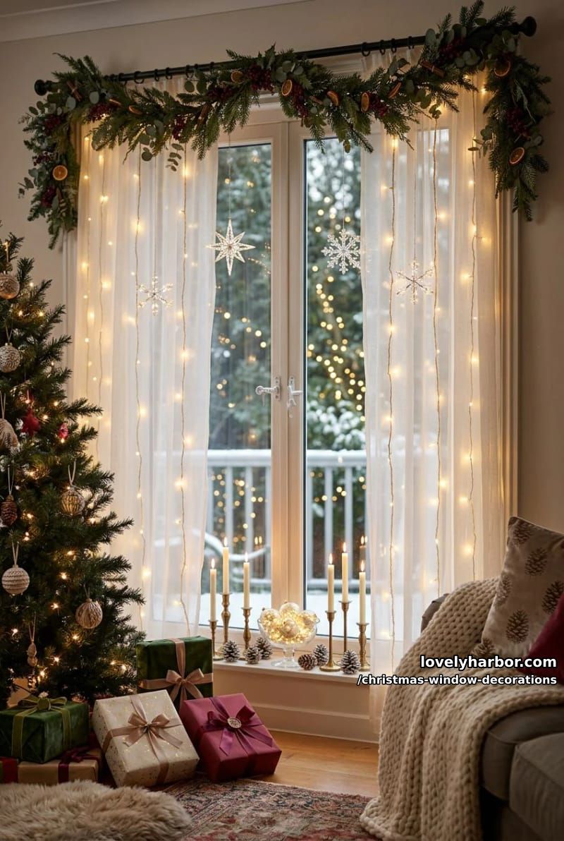 Christmas Window Decorations: 12 Ideas for Glow That Reads From the Street and the Sofa 15 a fairy-light curtain behind sheer panels 1