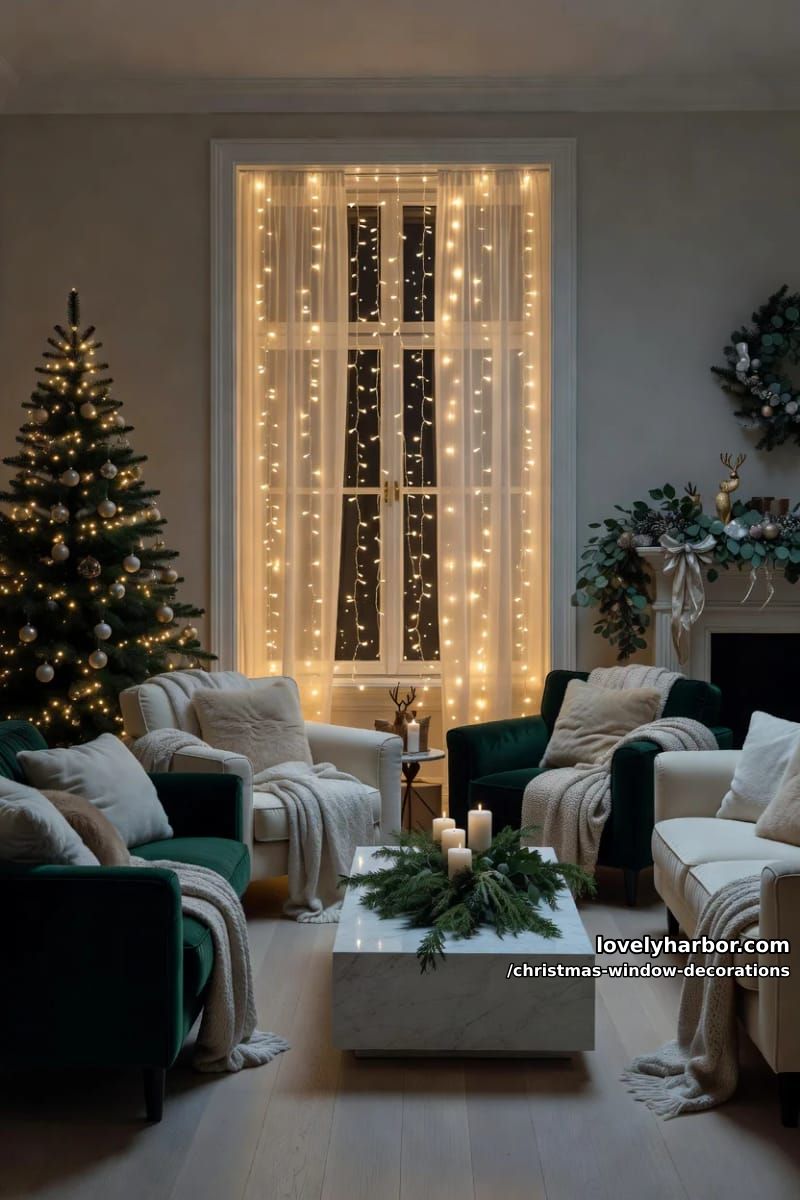 Christmas Window Decorations: 12 Ideas for Glow That Reads From the Street and the Sofa 16 a fairy-light curtain behind sheer panels 1