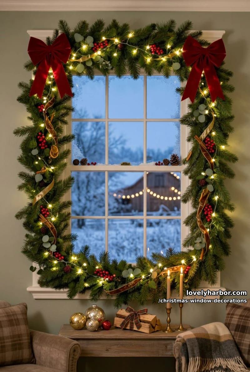 Christmas Window Decorations: 12 Ideas for Glow That Reads From the Street and the Sofa 13 a garland frame around the whole window, lights tucked inside 1