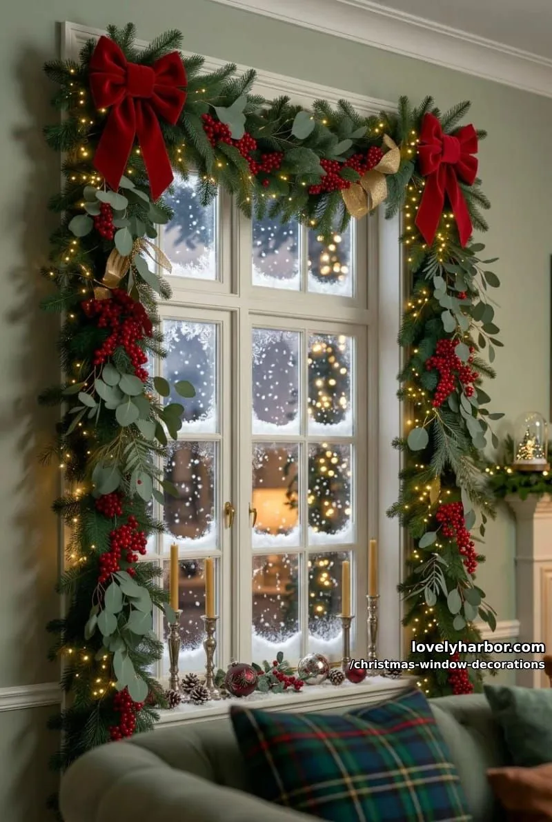 a garland frame around the whole window, lights tucked inside 1