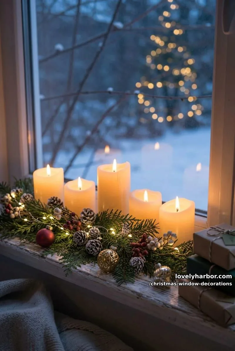 a line of flameless candles on the sill, set to a timer 1