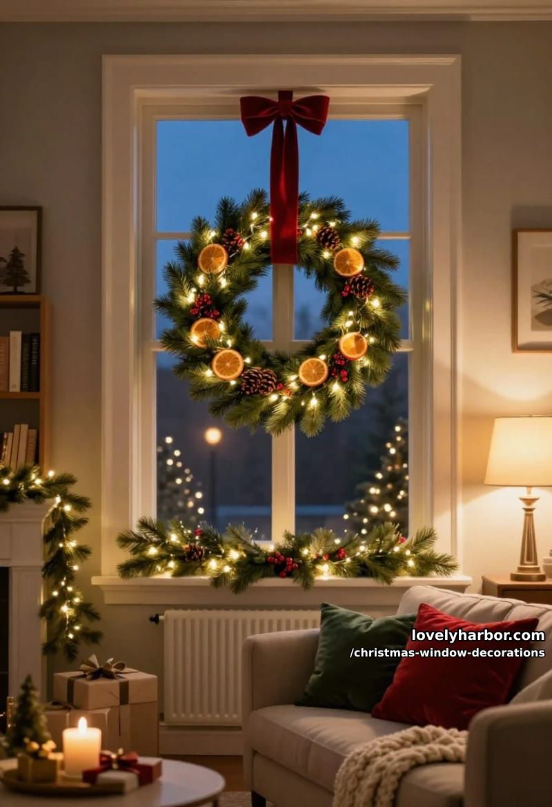 Christmas Window Decorations: 12 Ideas for Glow That Reads From the Street and the Sofa 11 a lit wreath laid flat against the glass, hung from the top rail 1