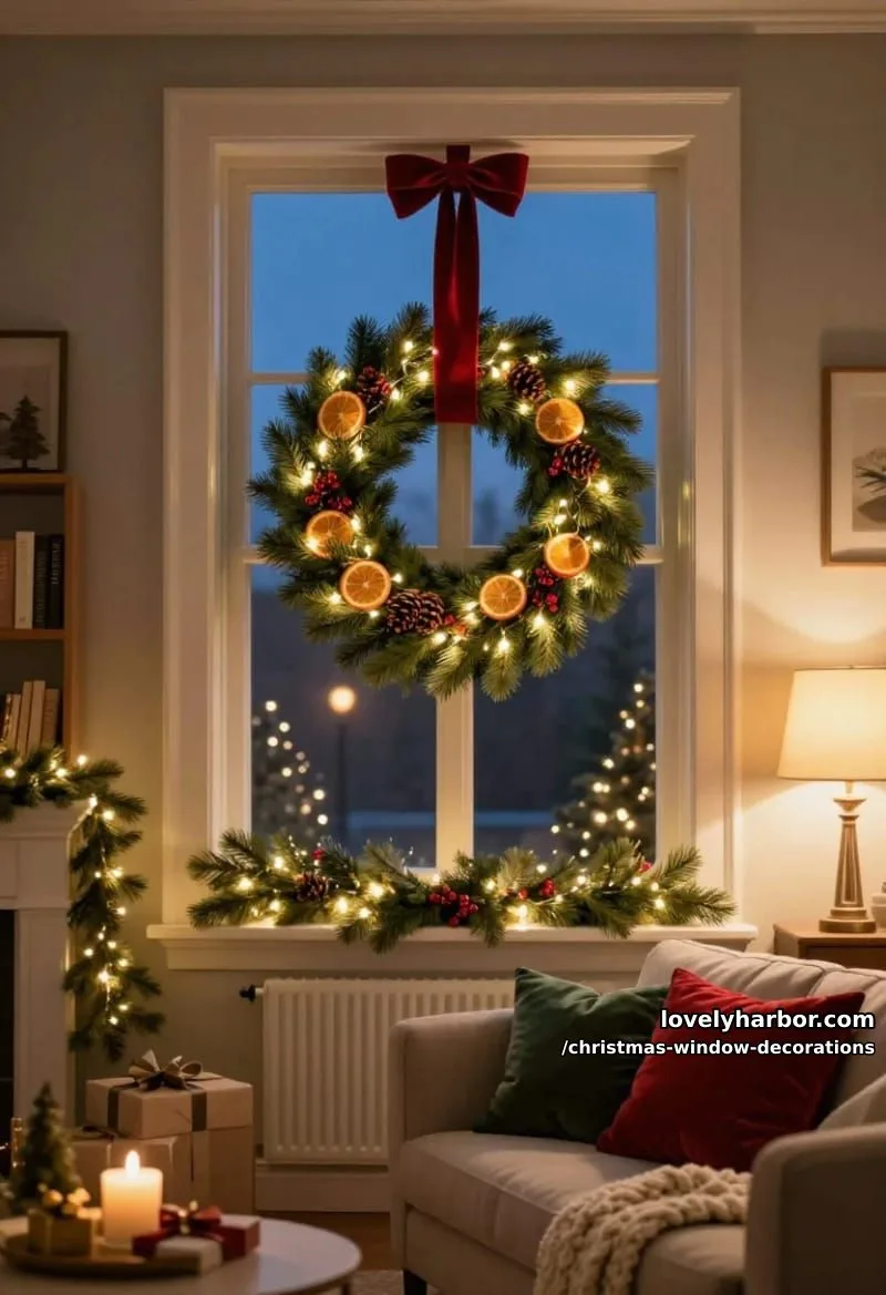 a lit wreath laid flat against the glass, hung from the top rail 1