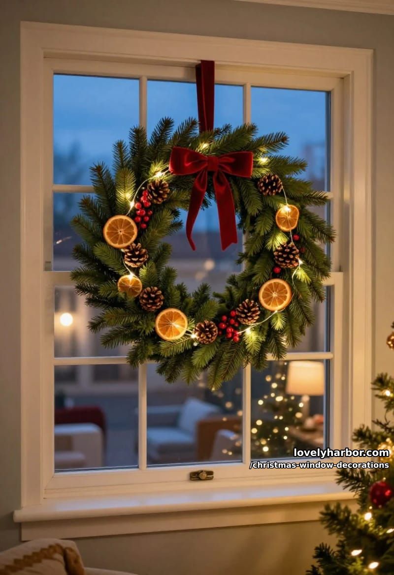 Christmas Window Decorations: 12 Ideas for Glow That Reads From the Street and the Sofa 9 a lit wreath laid flat against the glass, hung from the top rail 8