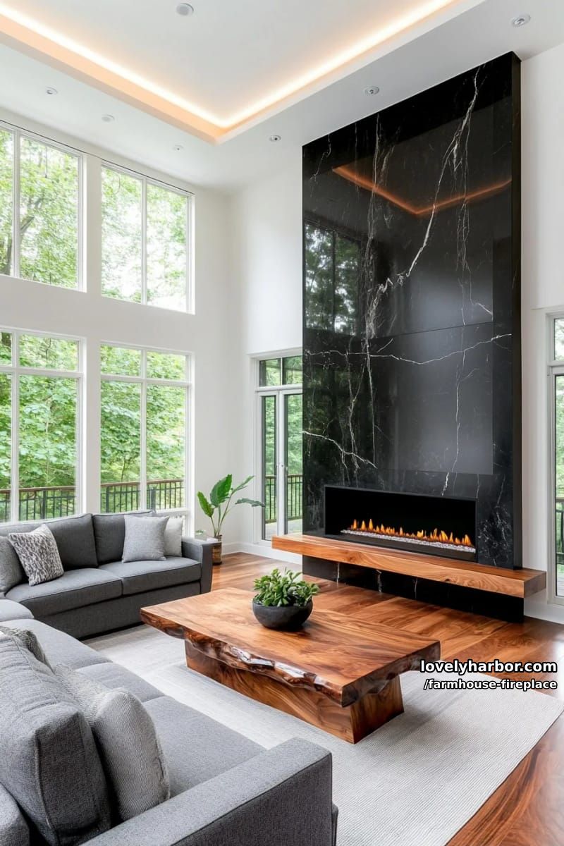 a modern farmhouse living room with marble fireplace. 1