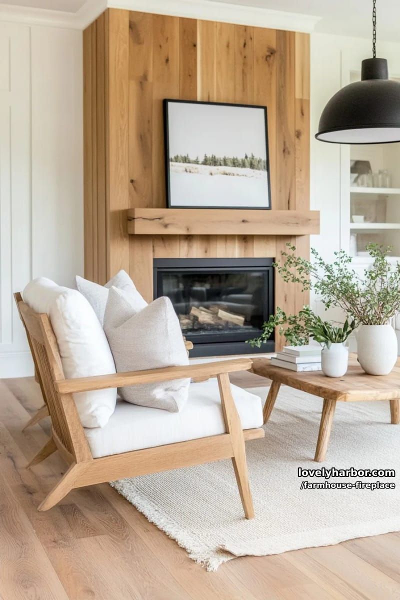 a modern farmhouse living room with wood panel fireplace. 1