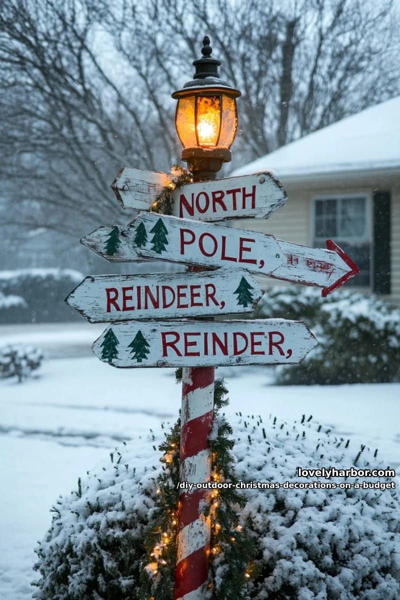12 DIY Outdoor Christmas Decorations on a Budget That Survive a Real Winter 26 a north pole signpost from a leftover fence post 1