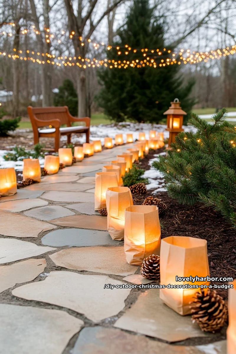 12 DIY Outdoor Christmas Decorations on a Budget That Survive a Real Winter 23 a paper bag luminaria pathway 1