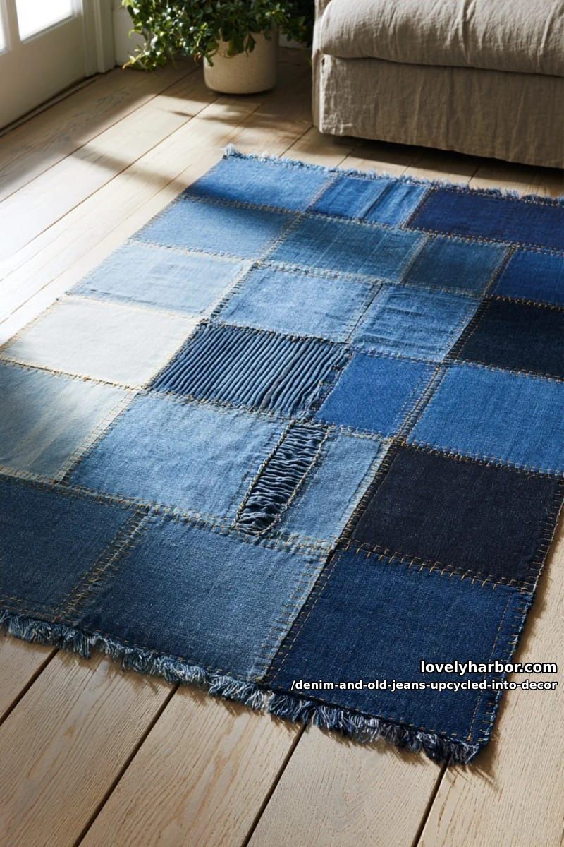 a patchwork denim rug graded from light wash to dark 1