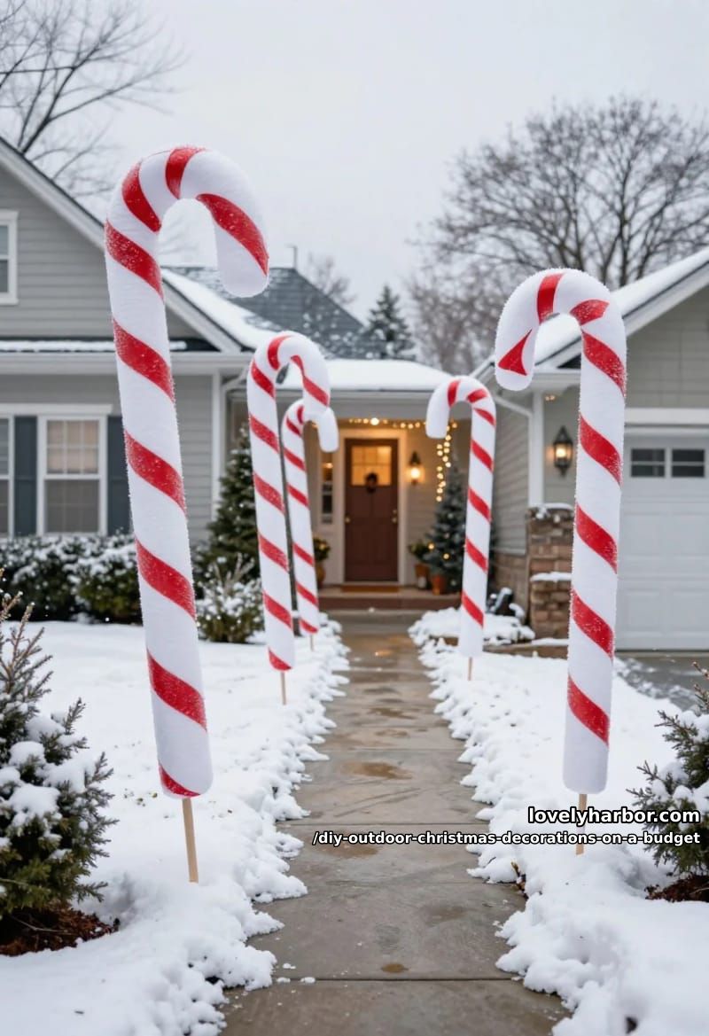 12 DIY Outdoor Christmas Decorations on a Budget That Survive a Real Winter 11 a pool noodle candy cane walkway 1