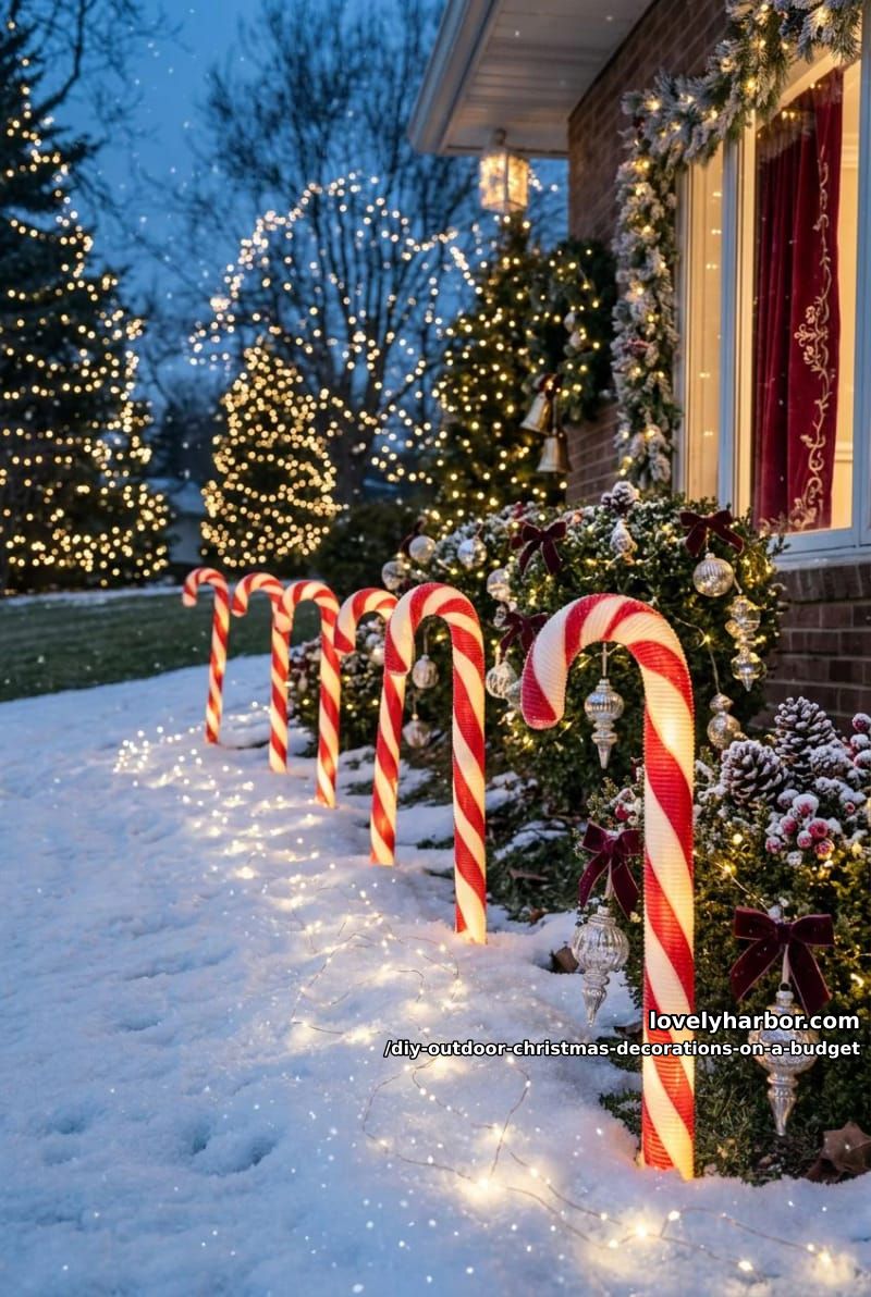 12 DIY Outdoor Christmas Decorations on a Budget That Survive a Real Winter 12 a pool noodle candy cane walkway 1