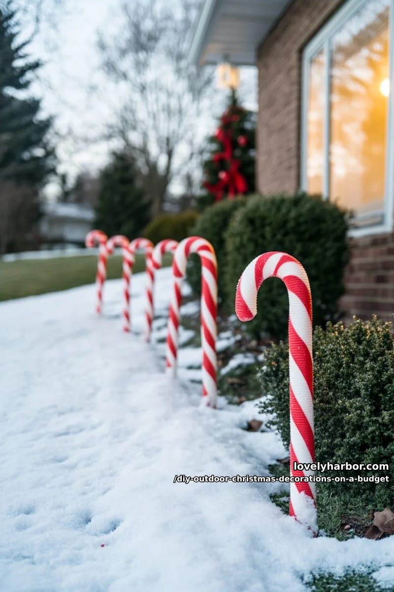 12 DIY Outdoor Christmas Decorations on a Budget That Survive a Real Winter 13 a pool noodle candy cane walkway 1
