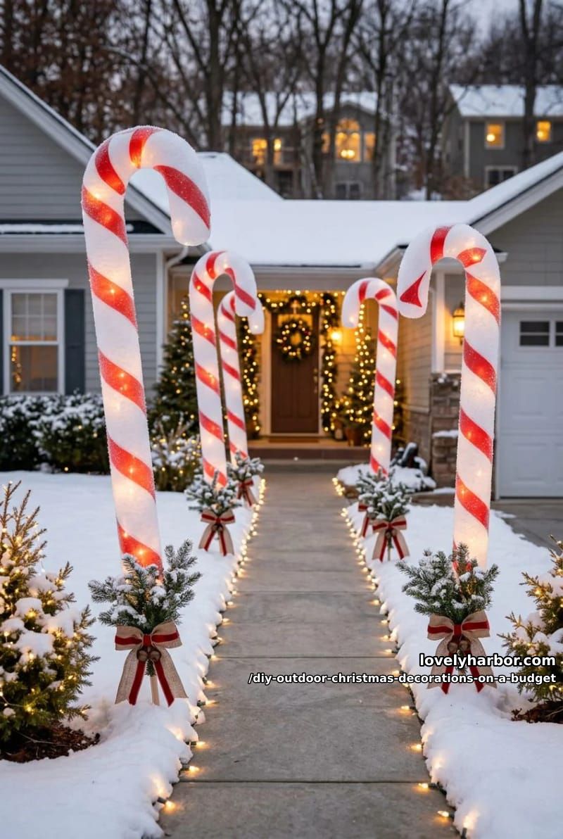 12 DIY Outdoor Christmas Decorations on a Budget That Survive a Real Winter 10 a pool noodle candy cane walkway 1