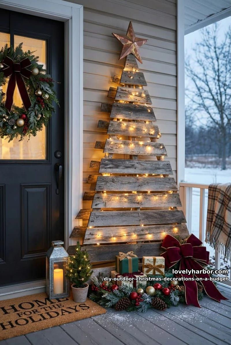 12 DIY Outdoor Christmas Decorations on a Budget That Survive a Real Winter 19 a porch tree built from scrap fence pickets 1