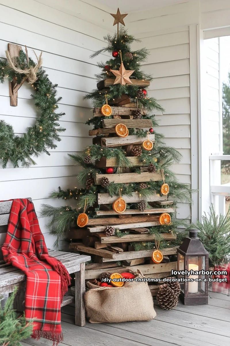 12 DIY Outdoor Christmas Decorations on a Budget That Survive a Real Winter 20 a porch tree built from scrap fence pickets 1