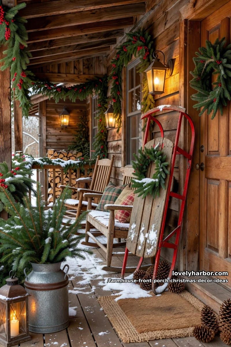 Farmhouse Front Porch Christmas Decor Ideas That Read Warm, Not Staged 9 a vintage sled, a milk can, or a red wagon: pick one piece with a past 1