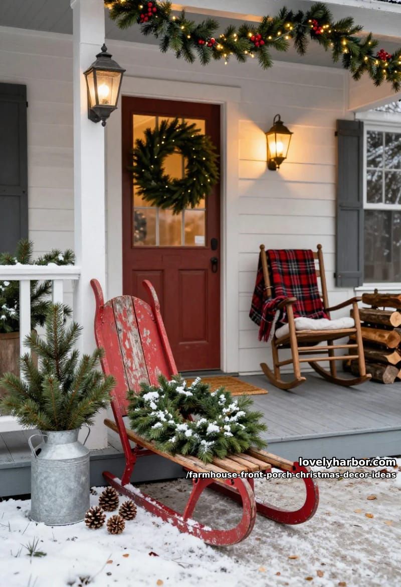 Farmhouse Front Porch Christmas Decor Ideas That Read Warm, Not Staged 10 a vintage sled, a milk can, or a red wagon: pick one piece with a past 1