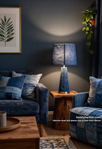 11 Denim and Old Jeans Upcycled Into Decor 20 a wrapped denim lampshade that throws a blue cast 17